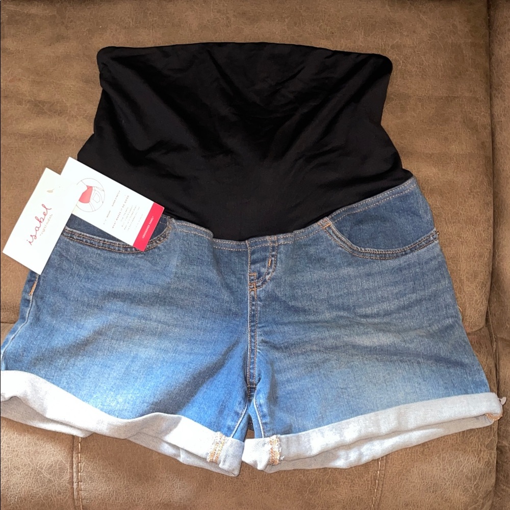 Ingrid and Isabel Maternity Denim Shorts with crossover panel